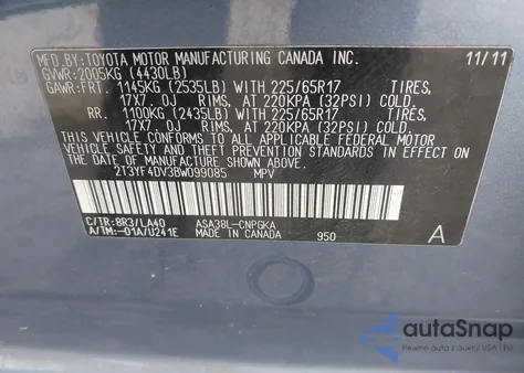 2011 Toyota Rav4 Limited from USA, damaged, VIN 2T3YF4DV3BW099085